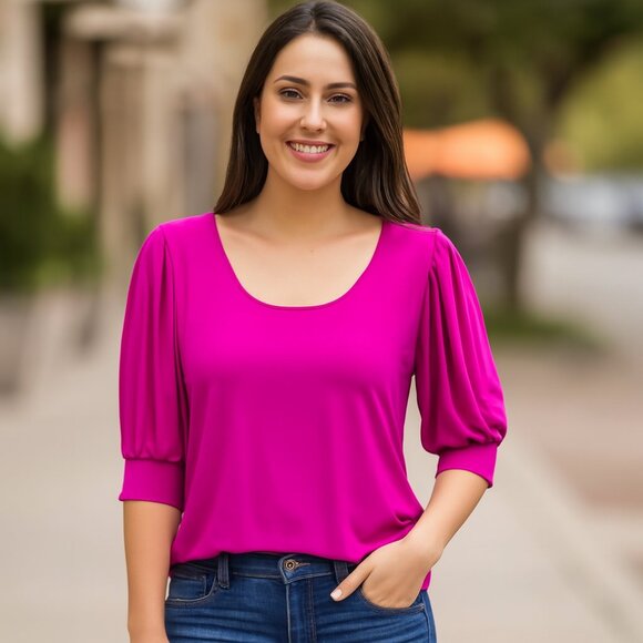 CeCe Pink Puff Sleeve Blouse Size M | Soft Stretchy Relaxed Fit - Picture 1 of 8